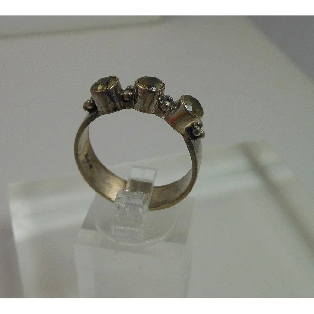 Sterling‎ Silver 925 Three Stone Citrine Granulated Artisan Band Ring Size 9.5